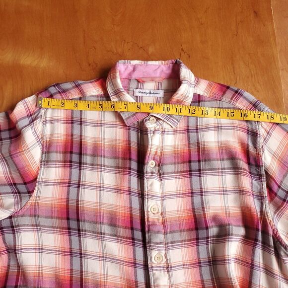 Tommy Bahama Flannel Shirt Mens L Plaid Long Sleeve Pink Orange Cream Colorful - Picture 10 of 10